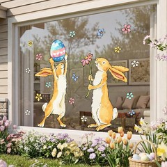 Easter Decorations Window Clings: Cute Little Bunny in the Potted Floral, Rustic