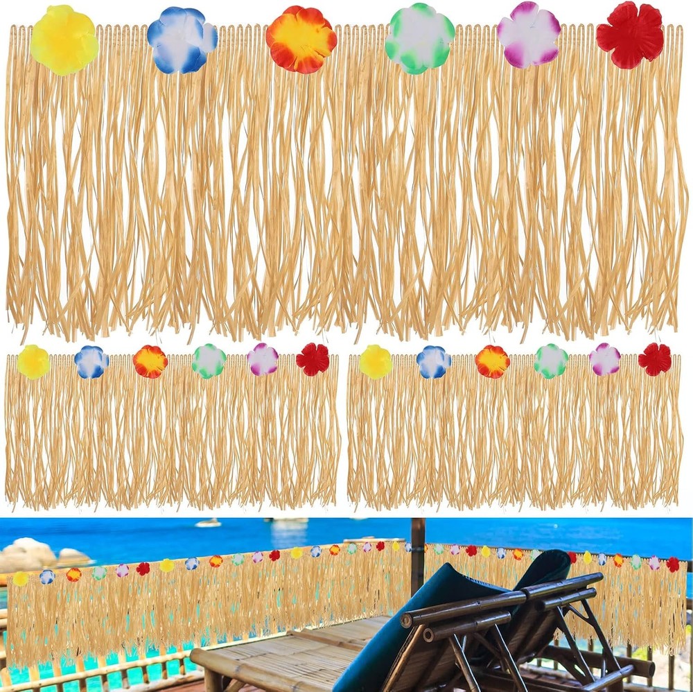 3 Pack Luau Grass Table Skirt Natural Fringe Raffia Straw Grass Skirt 144 x 12