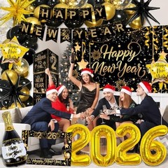 2026 New Year’s Eve Decorations – Black & Gold Balloons, Banner, Photo Props & C
