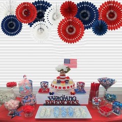 12-PC Red White Blue Hanging Tissue Paper Fans Patriotic Decor 8″-16″Dia #954