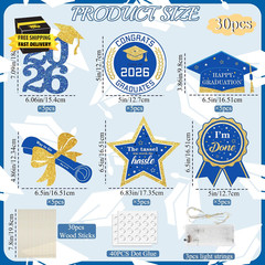 Graduation Decorations for Class of 2026-30Pcs Glitter Blue Gold Graduation Tabl