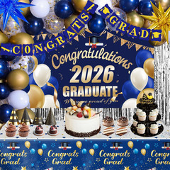 Graduation Decorations 2026, 71 PCS Blue Gold Themed Set, Graduation Party Decor