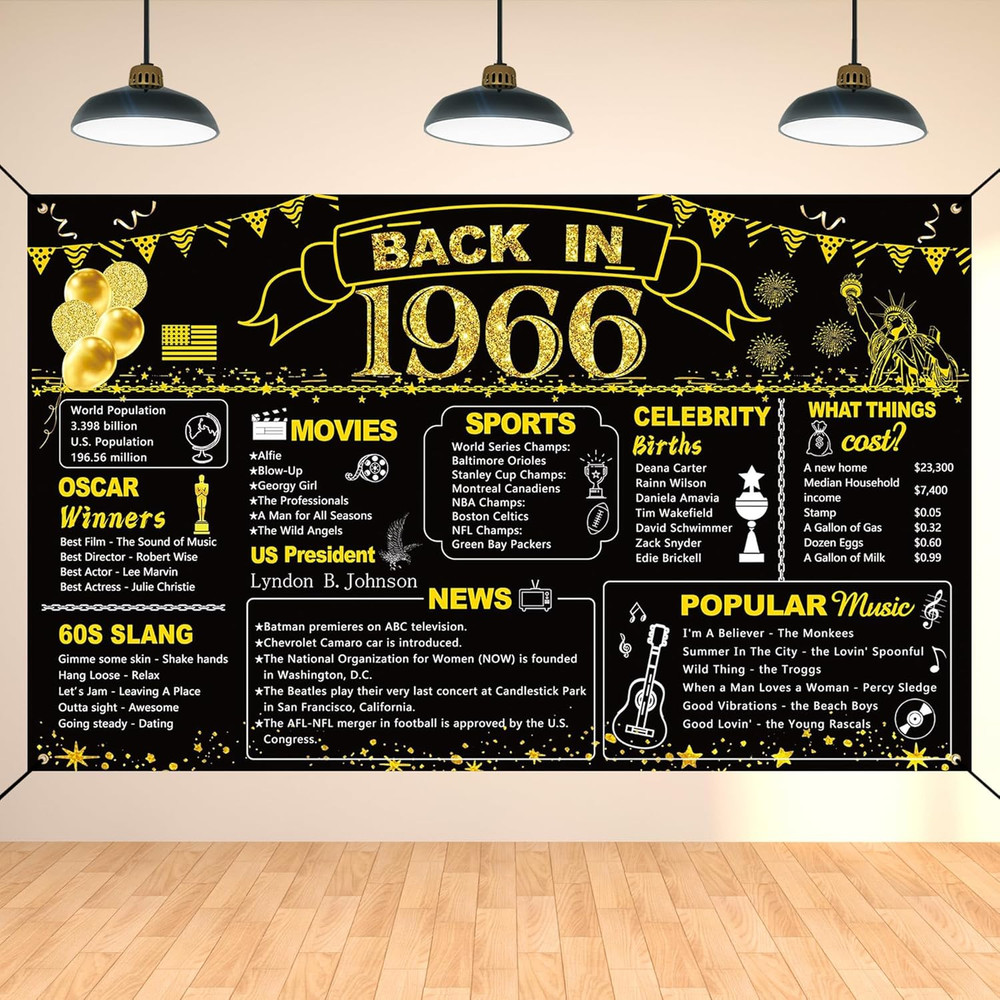 60Th Birthday Black Gold Party Decoration, Back in 1966 Banner 60 Year Old Birth