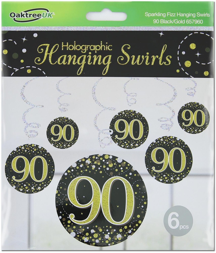 90th Birthday Party Decorations Age 90 Hanging Black Silver Gold Sparkle Swirls