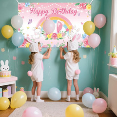 Pink Bunny Party Decorations, Rabbit Birthday Party Backdrop Supplies, Bunny Hap