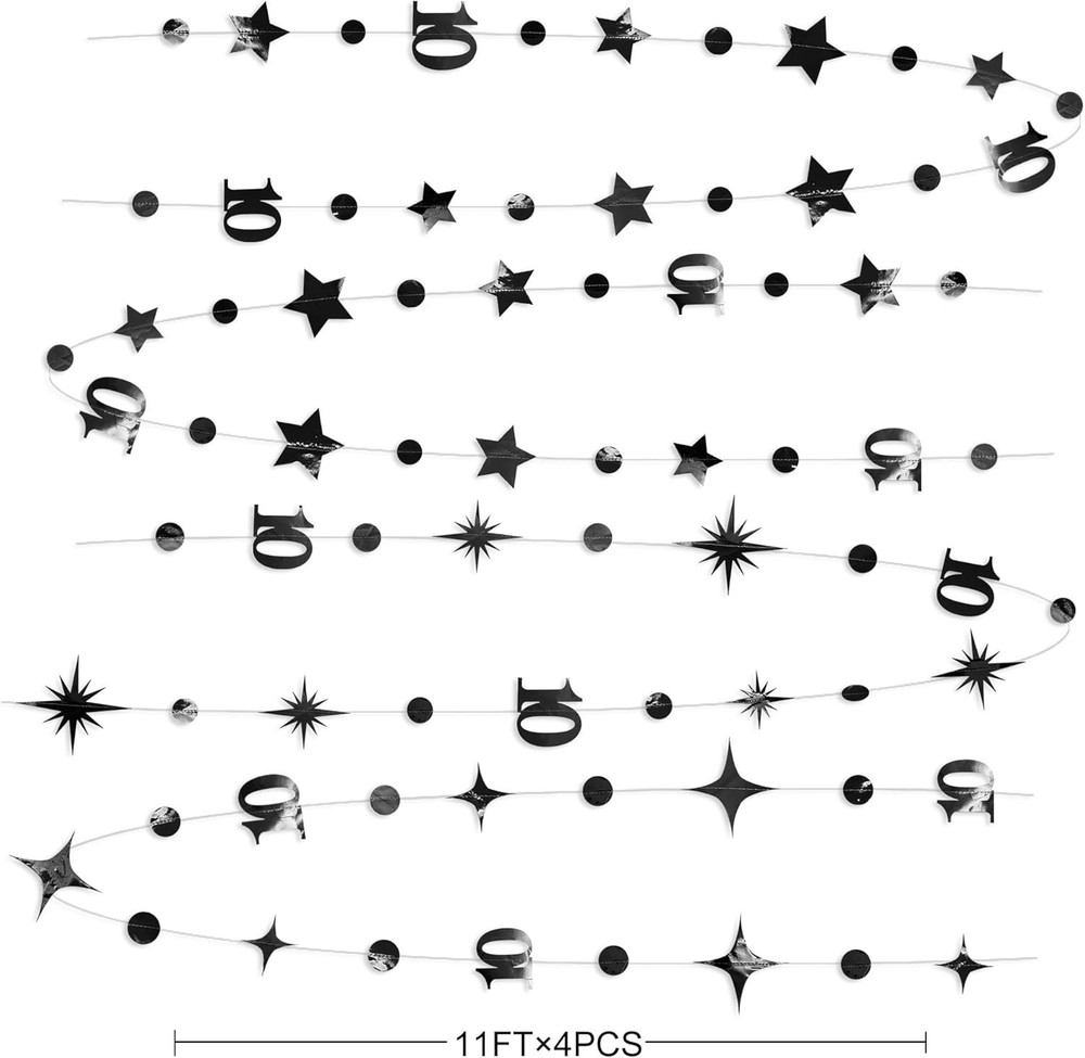 Black 10th Birthday Decorations Number 10 Circle Dot Twinkle Star
