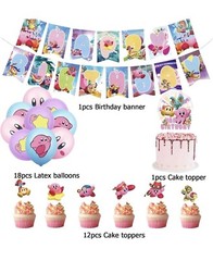 Kirby Star Allies Theme Birthday Party Decorate Set,Balloons Banner Cake Toppers