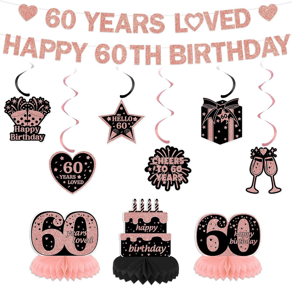 Happy 60Th Birthday Decorations for Women – Black Rose Gold 60 Years Loved Happy