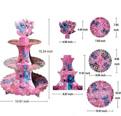 3 Sturdy Tier Pink Stitch Aloha Luau Theme Cupcake Stand Holder with 24 pcs o…