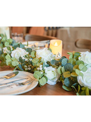 6FT Artificial Eucalyptus Garland with Flowers, 10 White Roses Baby Breath