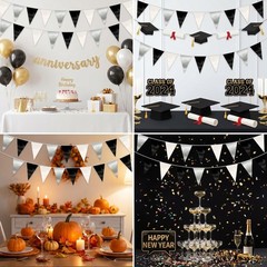 64FT Black White Silver Triangle Pennant Banner Flag Metallic Fabric Bunting …