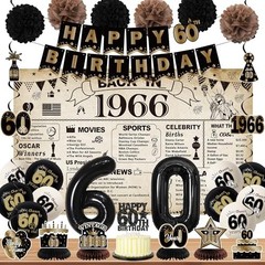 60th Birthday Party Decorations – Vintage 1966 Banner, Black Balloons & Cake Top