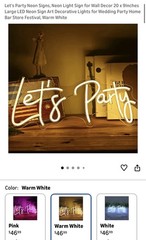 Let’s Party LED Neon Sign Wall Decor, Warm White Plastic Text Party Theme