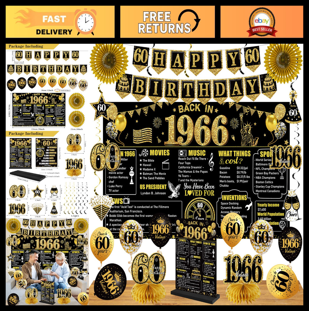 60th Birthday Decorations Kit – Black Gold 24PCS, Vintage 1966 Banner, Balloons