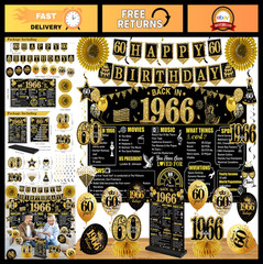 60th Birthday Decorations Kit – Black Gold 24PCS, Vintage 1966 Banner, Balloons