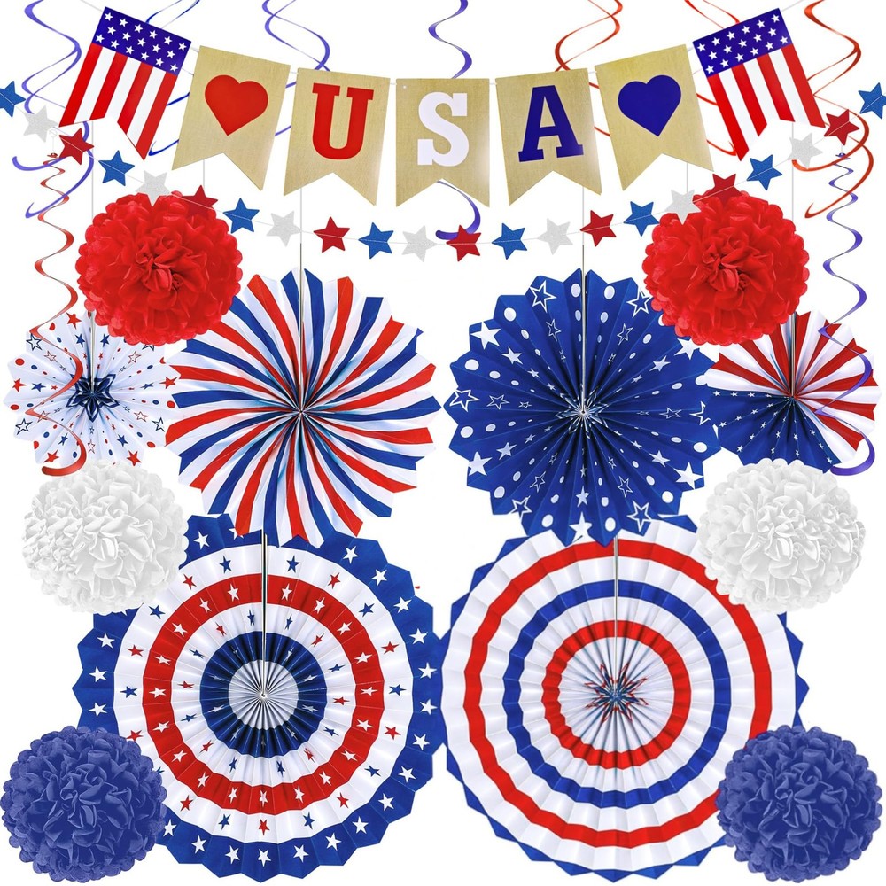 4th of July Decorations – 26 PCS Patriotic USA Banner Star Red Blue White