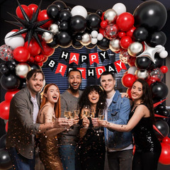 Red and Black Birthday Party Decorations, Red Black White Metallic Silver Foil B