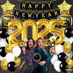 Stunning 76-Piece Black and Gold New Year Decorations for 2025 Celebration