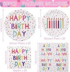 Happy Birthday Decorations,60PCS Rainbow Dot Party Supplies Set Serve 20, for
