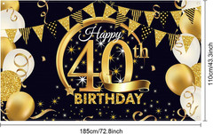 40th Birthday Backdrop Black Gold Fabric Party Banner 72.8×43.3 Photo Booth Sign