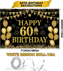 60Th Birthday Banner – Black & Gold – 71 X 45 Inch – Happy 60Th Birthday Decor