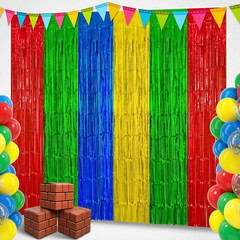 2 Pack Red Green Blue Yellow Foil Fringe Curtains Tinsel Backdrop Streamer