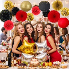 Red Black Gold Party Decorations, 14 Pcs Hanging Fans, Lanterns, Pom Poms – E…