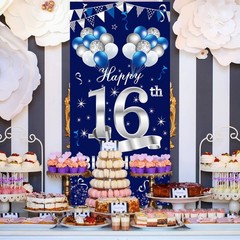 Blue Silver 16th Door Banner Decorations, Happy 16 Door Cover Sign Party Supp…