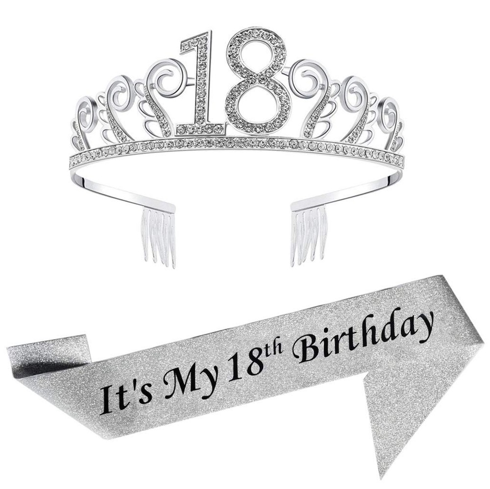18th Silver Birthday Tiara and Sash Glitter Satin 2 Piece Set,