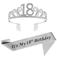 18th Silver Birthday Tiara and Sash Glitter Satin 2 Piece Set,