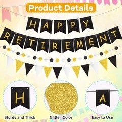 Happy Retirement Banner, Black and Gold 4.9 x 5.9 inches, gold