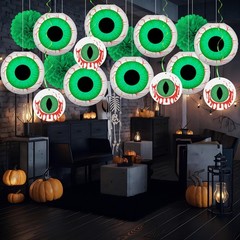 16Pcs Halloween Party Decorations Eyeballs Paper Lanterns Pom Poms Hanging Swirl