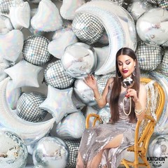 Katchon, Silver Disco Ball Balloons -22 Inch, Pack Of 6 | 4D Sphere Ba