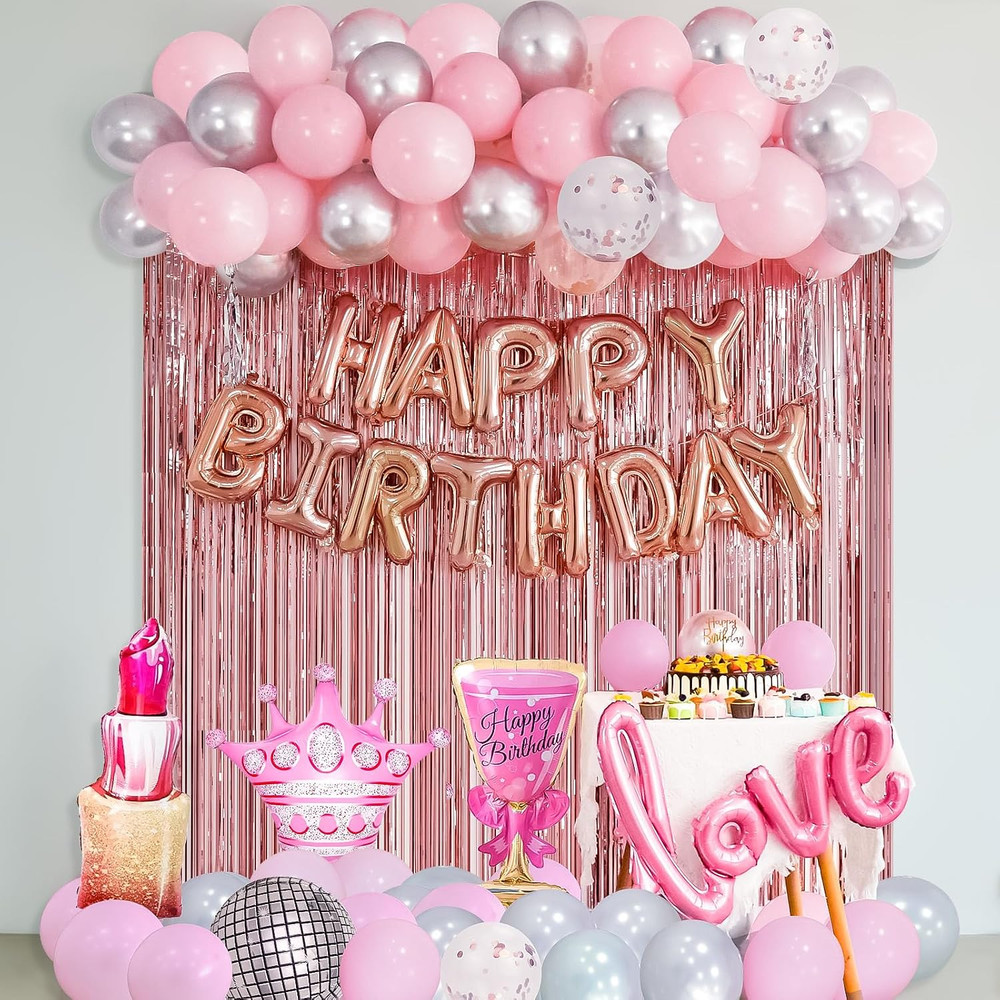 Pink Birthday Decorations for Women, Happy Birthday Banner, Rose Gold Fringe Cur