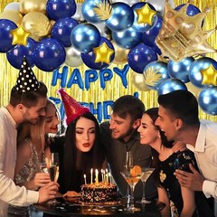 Decoracion De Cumpleaños Globos Cortina 84 Piezas Dorado y Azul Para Hombre Set