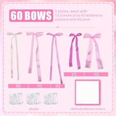 60PCS Bow Birthday Party Decorations, 3 Sizes Bow Wall Decor, Ribbon Bows Pink