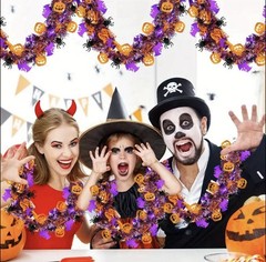 3pcs Halloween Garland Orange Pumpkins, Black Spiders & Purple Bats Tinsel 2M