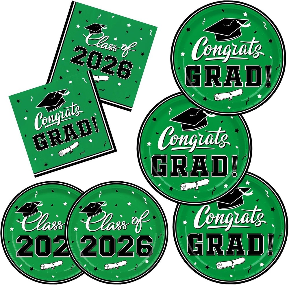 2026 Disposable Graduation Party Plates and Napkins – Green, Black, White
