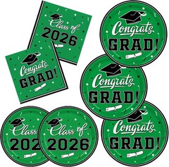 2026 Disposable Graduation Party Plates and Napkins – Green, Black, White
