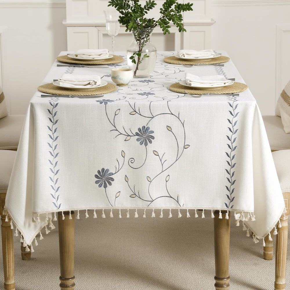 GRASiMOSY Cotton Linen Rectangle Tablecloth with Tassel for Dining Table, Heavy