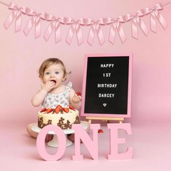 1-String Pink Bow Garland Banner, 8 Pre-Strung Double-Layer Ear Satin Ribbon