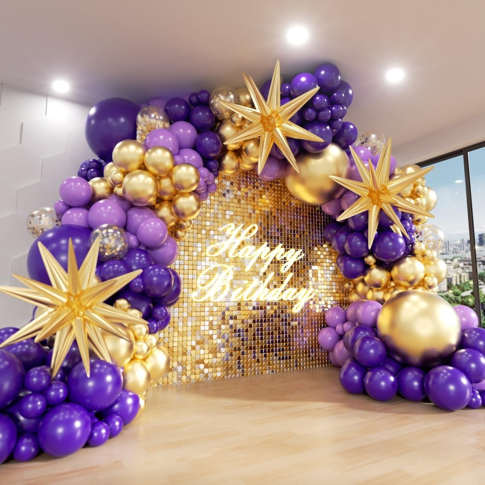Kit De Arco De Globos Morado Oscuro Y Dorado Với Estrellas Para Aniversario