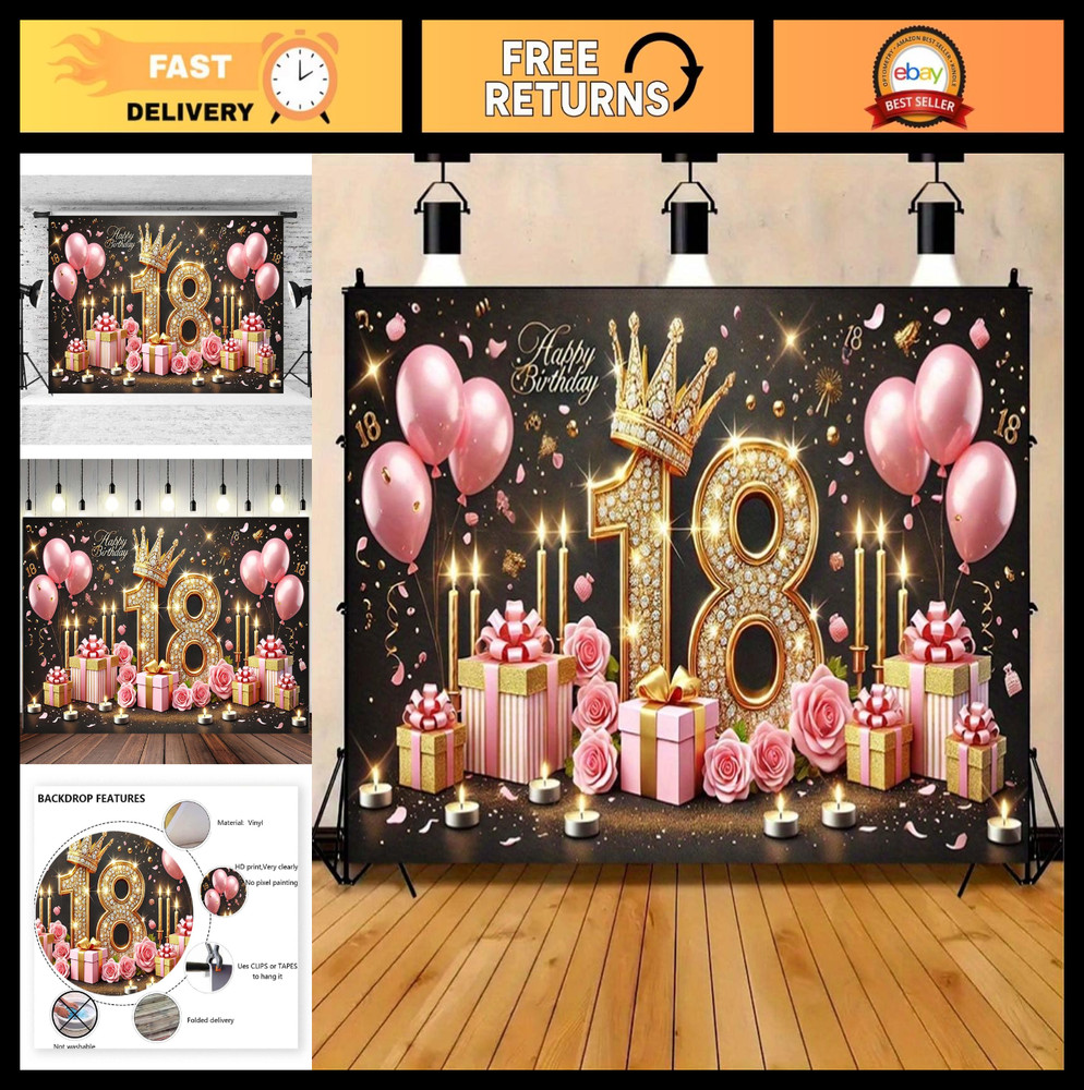 18th Birthday Backdrop Banner – Black & Pink Balloons, Golden Crown Theme, 8x6ft