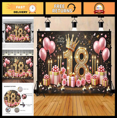 18th Birthday Backdrop Banner – Black & Pink Balloons, Golden Crown Theme, 8x6ft