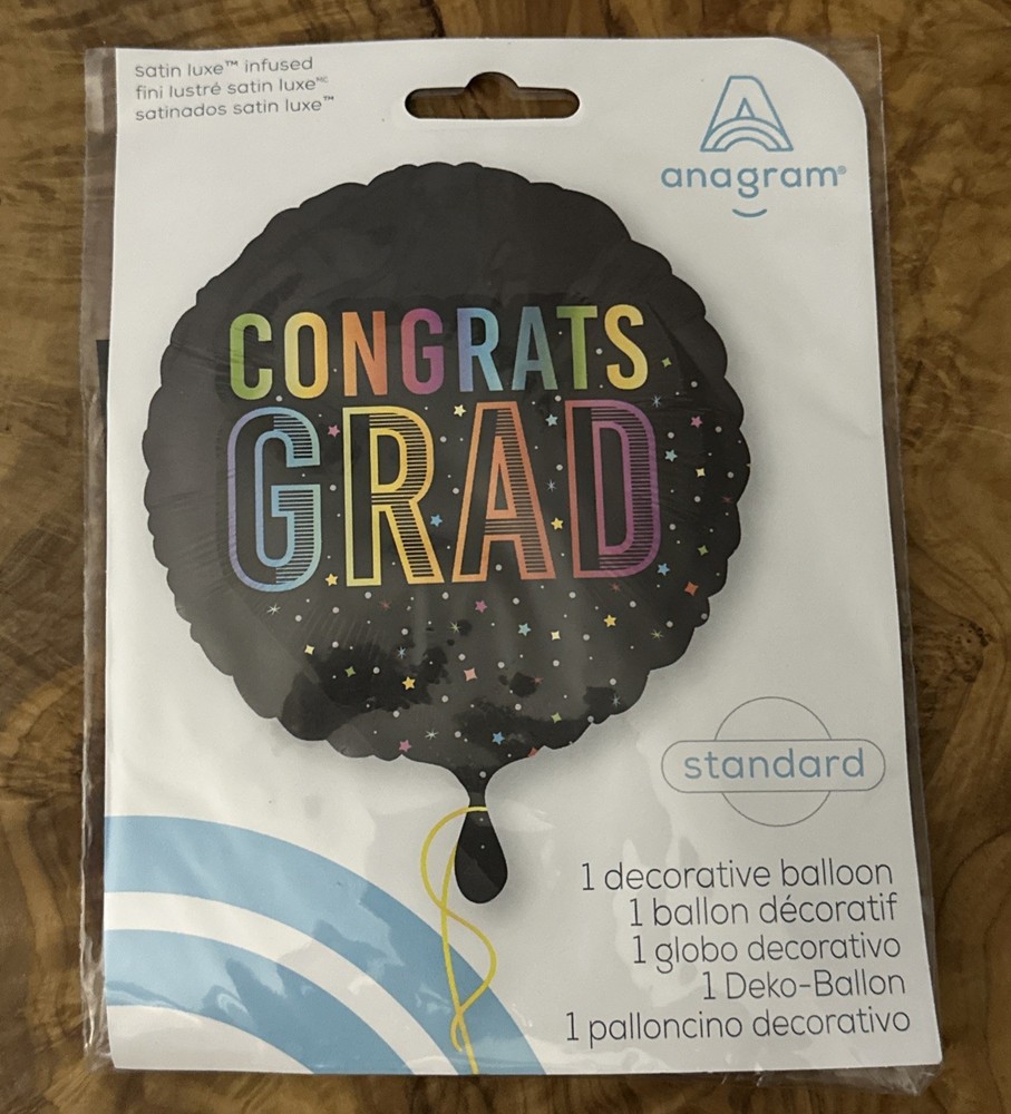 Congrats Grad Party Satin Luxe Foil Standard Balloon 18” Rainbow & Black