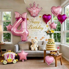 10 Pcs Princess Balloons for Party, 40 Inch Large Pink Number 4 and Crown Foi…