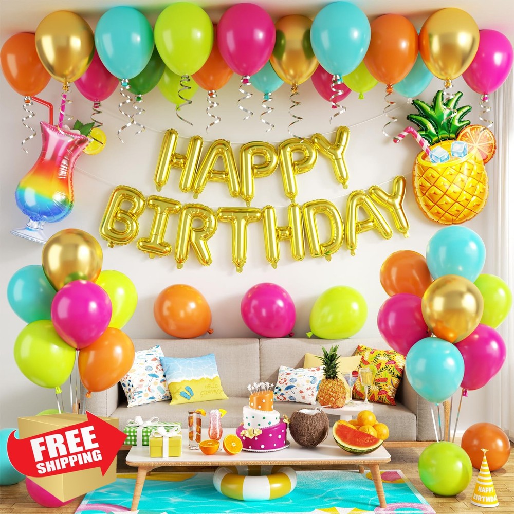 Tropical Birthday Decorations, Happy Birthday Banner with Rainbow Green Teal …