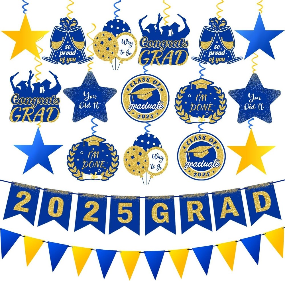 Class of 2025 Blue Glitter Congrats Grad Banner – 2025 Graduation Party Decor