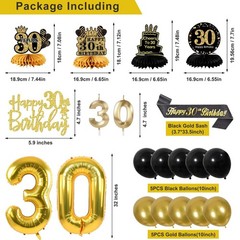 30th Birthday Decorations Set – 27pcs Black Gold Party Supplies, Banner, Balloon