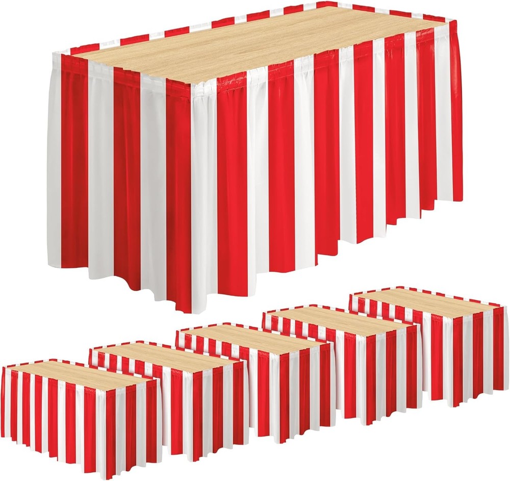 6 Packs Red and White Striped Table Skirt Circus Table Skirt Carnival Theme